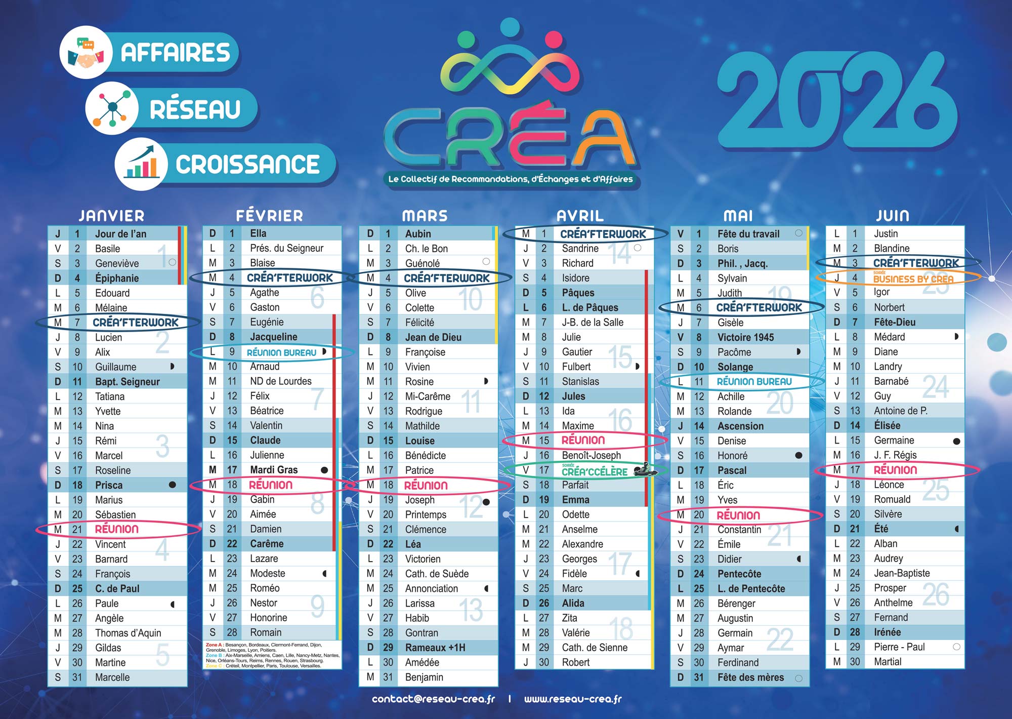 Calendrier évènement CREA 1/2 Calendrier des Réunions et Créa'fterwork