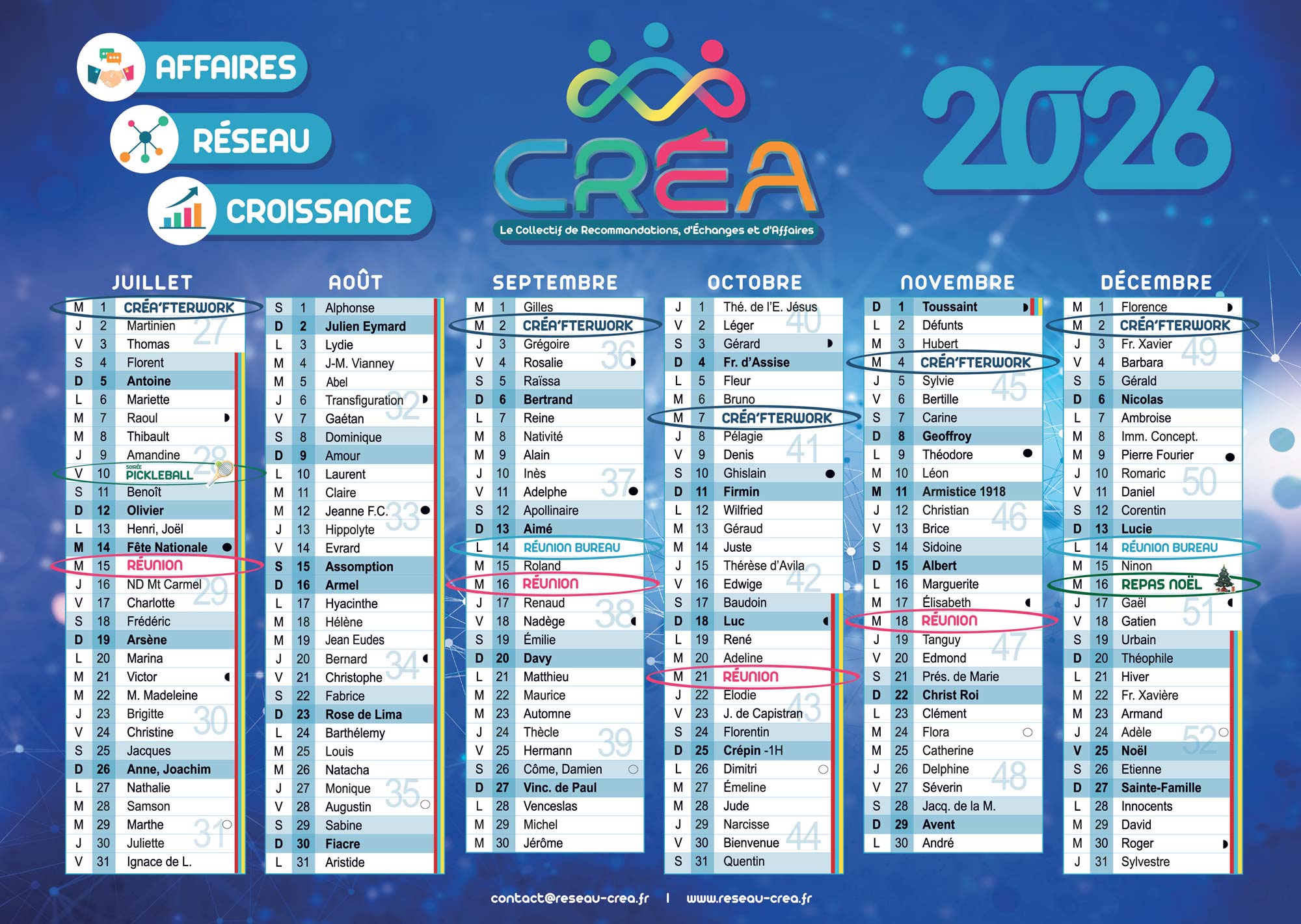 Calendrier évènement CREA 2/2 Calendrier des Réunions et Créa'fterwork